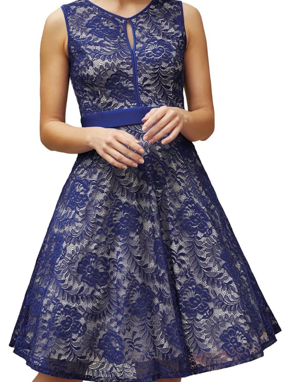 Navy Lace Fit-and-Flare Midi Dress with Keyhole Neckline